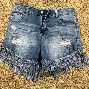 Fringe Hem Distressed Denim Shorts